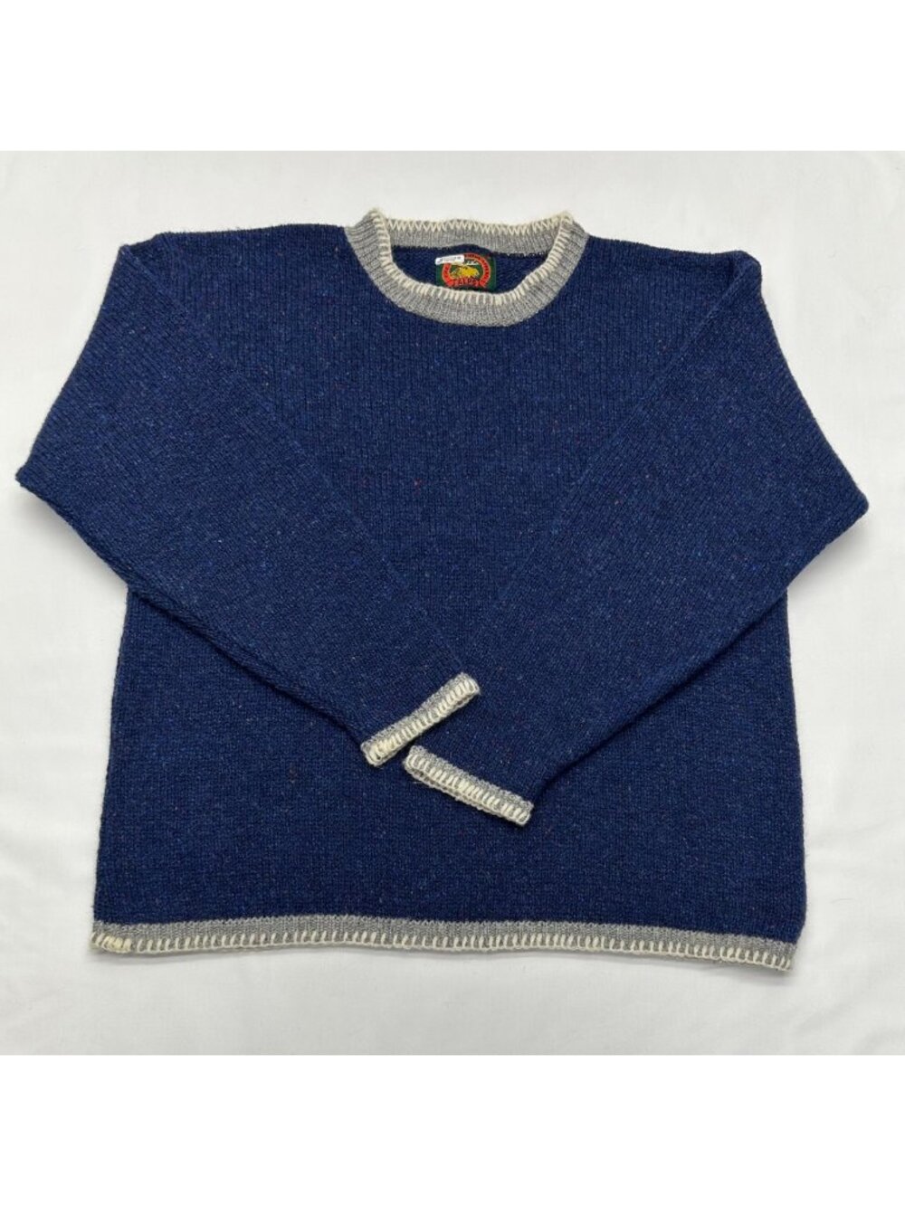 Alps Womens Knit Wool Sweater Blue With Gray Trim M Vintage Made In The USA